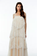 Genevieve Cream White Tiered Maxi Dress with Lace Trim