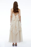 Genevieve Cream White Tiered Maxi Dress with Lace Trim