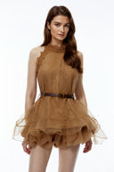 Lucretia Chocolate Brown Halterneck Mesh Mini Dress