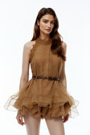 Lucretia Chocolate Brown Halterneck Mesh Mini Dress