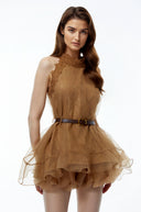 Lucretia Chocolate Brown Halterneck Mesh Mini Dress