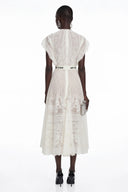 Placidia White Jacquard Floral-lace Pleated Midi Dress
