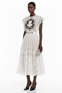 Placidia White Jacquard Floral-lace Pleated Midi Dress