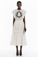 Placidia White Jacquard Floral-lace Pleated Midi Dress