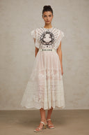 Placidia White Jacquard Floral-lace Pleated Midi Dress