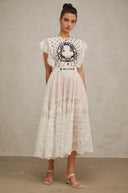Placidia White Jacquard Floral-lace Pleated Midi Dress