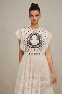 Placidia White Jacquard Floral-lace Pleated Midi Dress