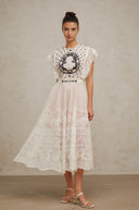 Placidia White Jacquard Floral-lace Pleated Midi Dress