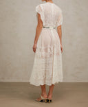 Placidia White Jacquard Floral-lace Pleated Midi Dress