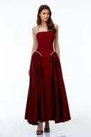 Sibylla Red Halterneck Maxi Dress with Pearl Trim