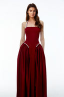 Sibylla Red Halterneck Maxi Dress with Pearl Trim
