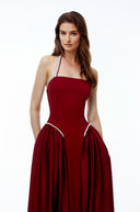 Sibylla Red Halterneck Maxi Dress with Pearl Trim