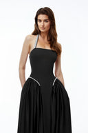 Sibylla Black Halterneck Maxi Dress with Pearl Trim