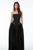 Sibylla Black Halterneck Maxi Dress with Pearl Trim