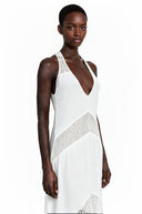 Aosta White Halterneck Maxi Dress with Lace Panels