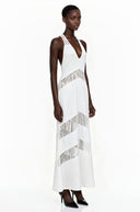 Aosta White Halterneck Maxi Dress with Lace Panels