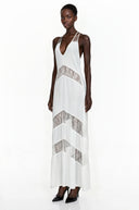 Aosta White Halterneck Maxi Dress with Lace Panels