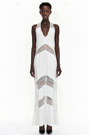Aosta White Halterneck Maxi Dress with Lace Panels