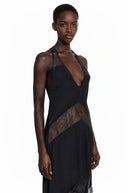 Aosta Black Halterneck Maxi Dress with Lace Panels