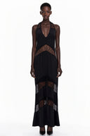 Aosta Black Halterneck Maxi Dress with Lace Panels