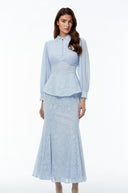 Claudine Blue Lace Panel Blouse & Skirt Set