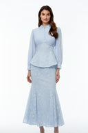 Claudine Blue Lace Panel Blouse & Skirt Set