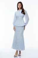Claudine Blue Lace Panel Blouse & Skirt Set