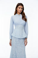 Claudine Blue Lace Panel Blouse & Skirt Set