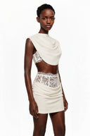 Grasse White Ruched Top & Skirt Set with Lace Trim