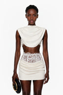 Grasse White Ruched Top & Skirt Set with Lace Trim