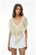 Riga Cream Lace Ruffled Cape Top