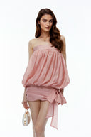 Kornelia Pink Off Shoulder Ruched Mini Dress with Bow