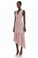 Gloria Pink Pleated Midi Dress with Asymmetrical Hem
