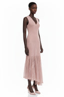 Gloria Pink Pleated Midi Dress with Asymmetrical Hem