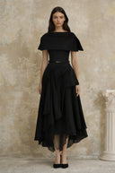 Wilhelmina Black Asymmetrical Shawl & Tulle Panel Dress Set