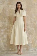 Valerie Neutral Shawl Detail Shirred Midi Dress