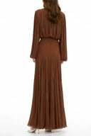 Renata Brown Lantern Sleeve Pleated Maxi Dress