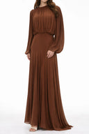 Renata Brown Lantern Sleeve Pleated Maxi Dress