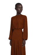 Renata Brown Lantern Sleeve Pleated Maxi Dress