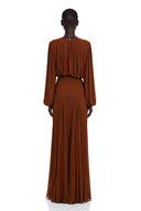 Renata Brown Lantern Sleeve Pleated Maxi Dress