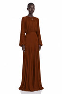 Renata Brown Lantern Sleeve Pleated Maxi Dress