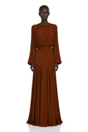 Renata Brown Lantern Sleeve Pleated Maxi Dress