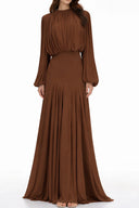 Renata Brown Lantern Sleeve Pleated Maxi Dress