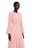 Renata Pink Lantern Sleeve Pleated Maxi Dress