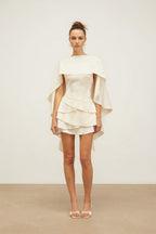 Seraphina Cream Satin Layered Mini Dress with Shawl Detail