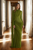Francesca Green Asymmetrical Ribbon Draped Maxi Dress