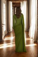Francesca Green Asymmetrical Ribbon Draped Maxi Dress