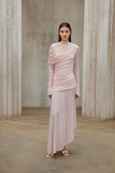 Bonnie Pink Asymmetrical Ruched Mesh Maxi Dress