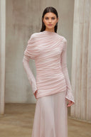 Bonnie Pink Asymmetrical Ruched Mesh Maxi Dress