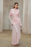 Bonnie Pink Asymmetrical Ruched Mesh Maxi Dress